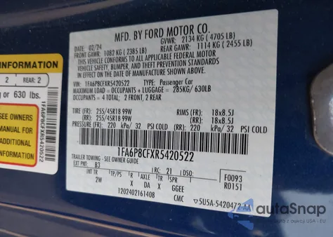 2024 Ford Mustang Gt Fastback z USA, uszkodzony, nr VIN 1FA6P8CFXR5420522